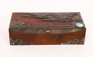 Antique Art & Crafts Cedar Wood Pewter Box Casket 19th Century