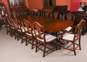 Vintage 10ft Twin Pillar Mahogany Dining Table & 12 Hepplewhite Chairs 20th C