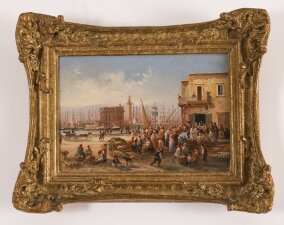 Antique Oil Painting Italian Harbour Scene 19th C