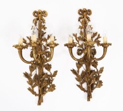 Antique Pair of French Louis Revival 3 Branch Ormolu Wall Lights 20th C
