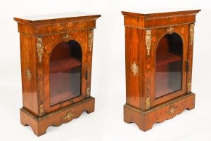 Antique Pair Victorian Walnut Marquetry Pier Cabinets 