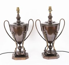 Vintage Pair Twin Handled Bronze Classical Urn Lamps 20th Century