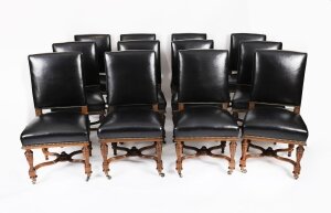 Antique Set 12 French Walnut & Black Leather Upholstered Dining Chairs 19th C
