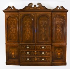 Antique Edwardian Breakfront Mahogany & Floral Marquetry Inlaid Wardrobe C1910