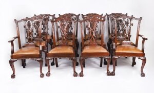 Antique Set of 12 Mahogany Chippendale Dining Chairs Circa 1900