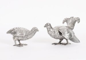 Antique Pair Belgian Silver Grouse Game Birds 19th C