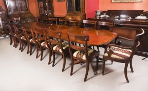 Vintage 13ft Regency Revival Triple Pillar Dining Table & 16 chairs 20th C