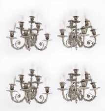 Antique Set 4 Louis VI Revival Silver Plated Six Branch Wall Lights 20th C