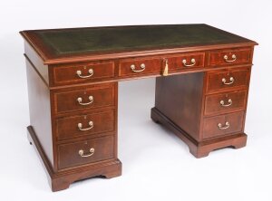 Antique Victorian Crossbanded & Inlaid Flame Mahogany Pedestal Desk 19th C