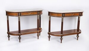 Antique Pair French Ormolu Mounted Carrara Marble Topped Console Tables 19th C