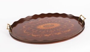 Vintage English Oval Edwardian Marquetry Butler& 39 s Tray C1900