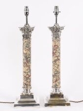 Antique Pair 2ft Silver Plated Corinthian Column Table Lamps 20th C