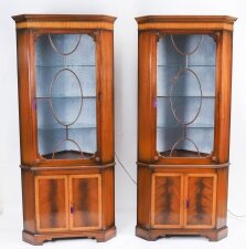 Pair Vintage English Flame Mahogany Corner Display Cabinets Harrods 20thC