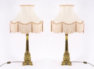 Antique Monumental Pair French Ormolu Corby Castle Table Lamps C1850