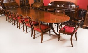 Vintage 15ft Regency Revival 3 pillar dining table & 14 Swagback chairs 20th C