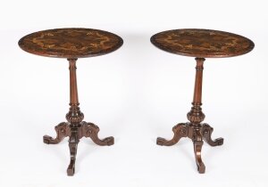 Antique Pair Victorian Burr Wanut & Marquetry Occasional Tables 19th C