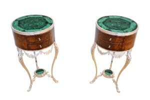 Antique Pair French Thuya Malachite & Silvered Bronze Occasional Tables 20th C