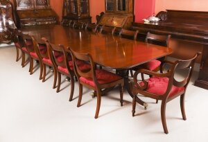 Antique 13ft Regency Triple Pillar Dining Table Circa 1900 &14 Swag back Chairs