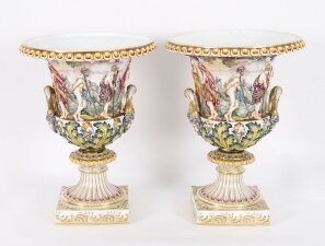 Antique Pair Large Italian Naples Capodimonte Urns Vases 19th C