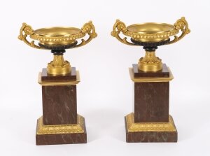 Antique Pair French Grand Tour Ormolu, Bronze & Marble Tazzas 19th C