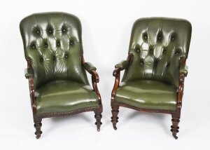 Antique Pair Victorian His & Hers Green Leather Armchairs 19th C