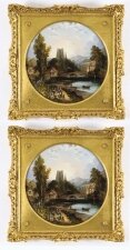 Antique Pair Oil on Board Tondo Landscape Paintings John Bell Mid 19th C