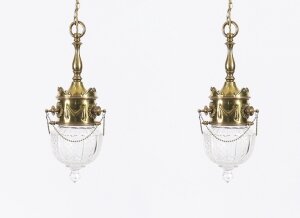 Antique Edwardian Pair Brass & Cut Crystal Ceiling Lights Circa 1900