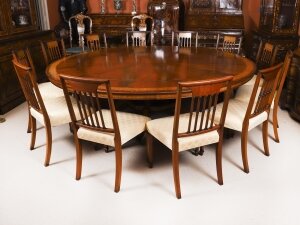 Vintage 7ft6& 34 diameter Flame Mahogany Jupe Dining Table 12 chairs Harrods 20th C