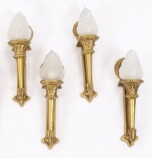 Antique Set of 4 Neo Classical Ormolu & Glass Flaming Torch Wall Lights 