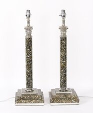 Vintage Pair 2ft Silver Plate & Agate Corinthian Column Table Lamps 20th C