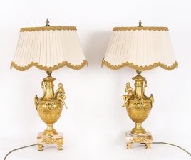 Antique Pair Neoclassical Ormolu & Pink Marble Table Lamps 20th C Antique Pair Neoclassical Ormolu & Pink Marble Table Lamps 20th C