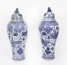Antique Pair Japanese Kangxi Blue & White Arita Porcelain Temple Lidded Vases Antique Pair Japanese Kangxi Blue & White Arita Porcelain Temple Lidded Vases