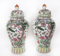 Vintage Pair 5ft Hand Enamelled Famille Noire Chinese Temple Vases Mid 20th