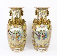 Vintage Pair Qing Dynasty Style Canton Famille Rose Chinese Vases 20th C