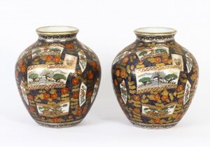 Pair Vintage Japanese Imari Hand Painted Porcelain Vases Mid 20th Century