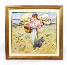 Vintage Spanish Oil on Canvas Titled Lady with Basket Dated 1990 | Ref. no. R0015 | Regent Antiques