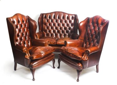 English Leather Queen Anne Sofa Pair Armchairs Burnt Amber Ref English Leather Queen Anne Sofa Pair Armchairs Burnt Amber
