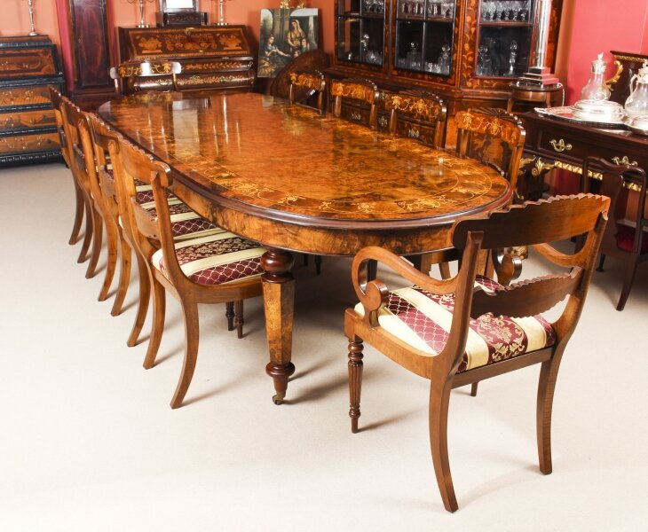 Stunning Bespoke Handmade Burr Walnut Marquetry Dining Table & 10 Chairs | Ref. no. 00059a | Regent Antiques