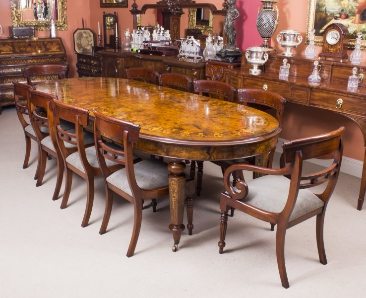 Large Bespoke Burr Walnut Dining Table & Chairs Set | Large Marquetry Dining Table & Chairs Set | Ref. no. 00059b | Regent Antiques