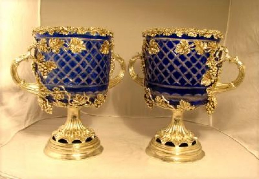 Pair Huge Silver Plated Wine Coolers w/ Blue Cut Glass | Ref. no. 00281 | Regent Antiques