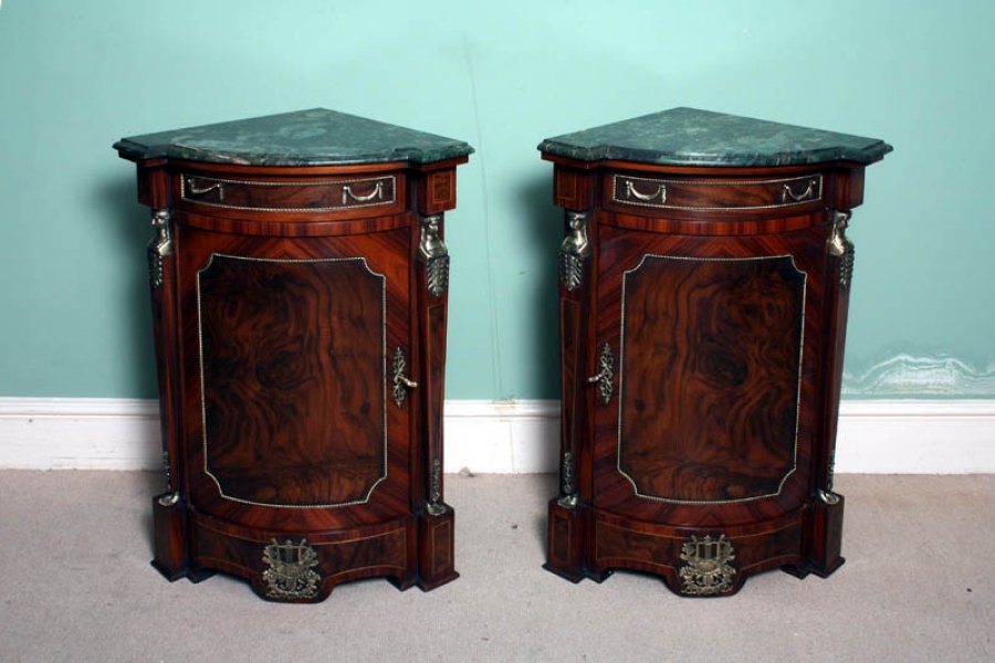 Pair Burr Walnut Low Corner Cabinets Green Marble Tops | Ref. no. 00289 | Regent Antiques