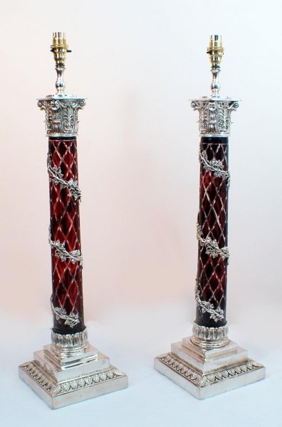 Pair Corinthian Column Lamp Stands Silver & Cut Glass | Ref. no. 00558 | Regent Antiques