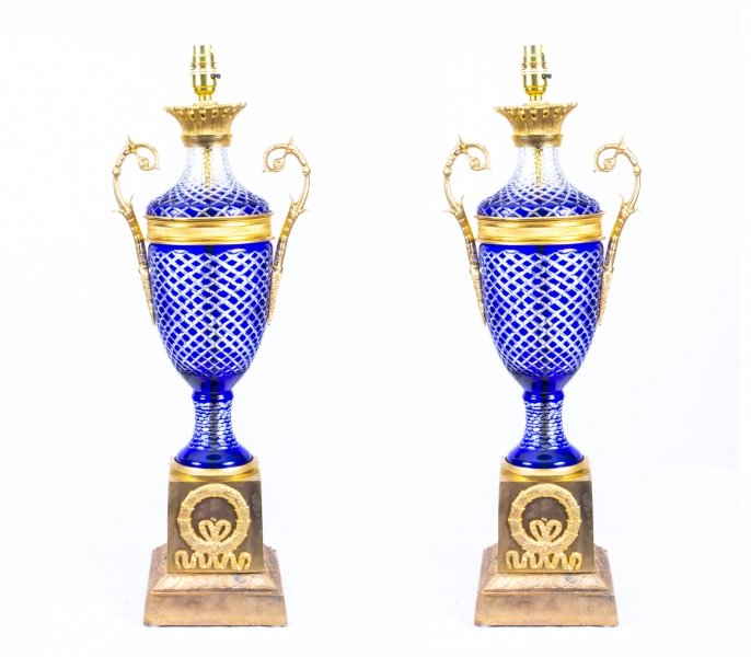 Pair Blue Cut Glass & Ormolu Empire Style Lamps Wired | Ref. no. 00635 | Regent Antiques