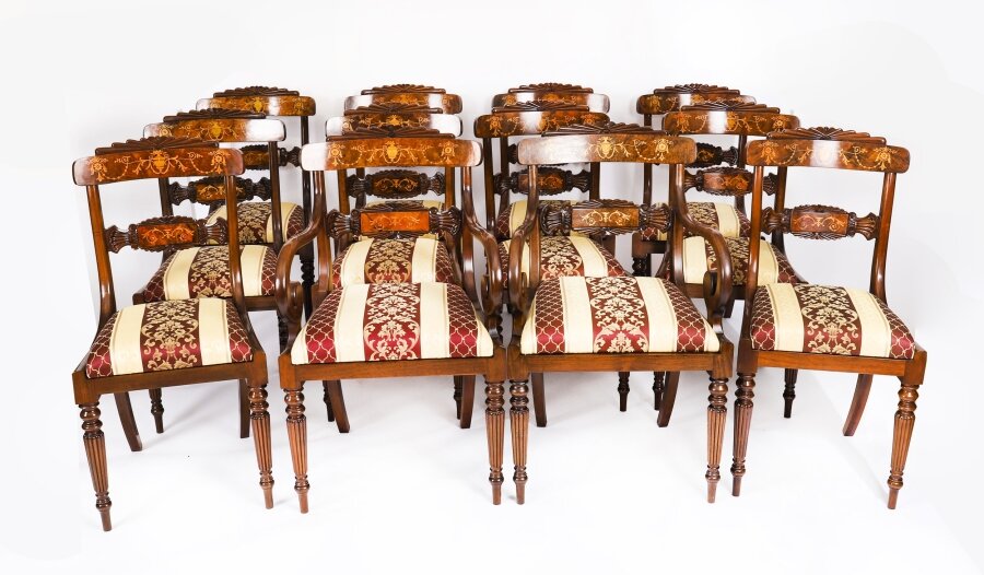 Set 12 Regency Revival Burr Walnut Marquetry Dining Chairs | Ref. no. 00820X | Regent Antiques