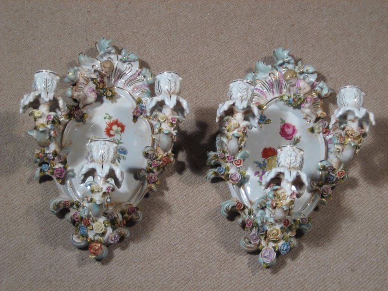 Gorgeous Dresden Hand Painted Wall Plaques Candlesticks | Ref. no. 00827 | Regent Antiques