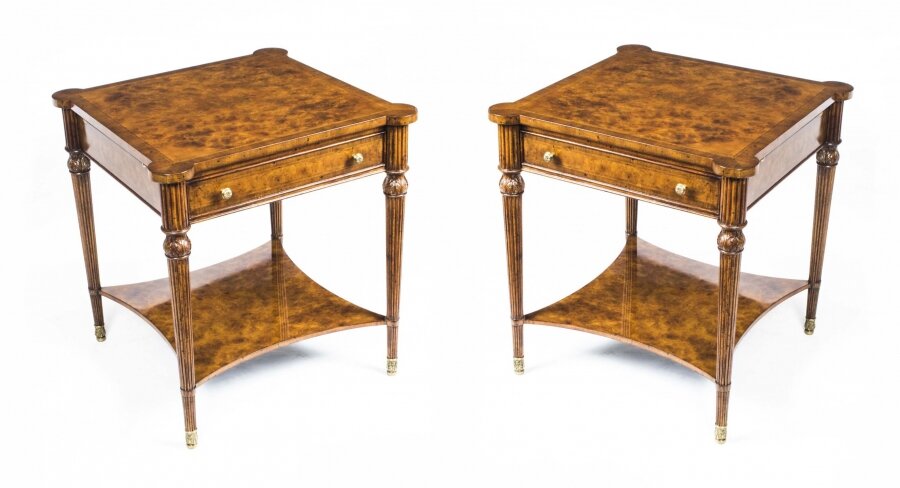 Pair Bespoke Burr Walnut Side End Occasional Tables with Slides & Drawers | Ref. no. 00951 | Regent Antiques