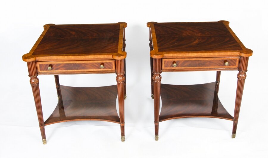 Pair Bespoke Flame Mahogany Side End Occasional Tables with Slides & Drawers | Ref. no. 00951M | Regent Antiques