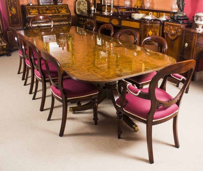 Bespoke Burr Walnut 10ft Regency Style Dining Table 10 Balloon Back Chairs | Ref. no. 00952FP | Regent Antiques