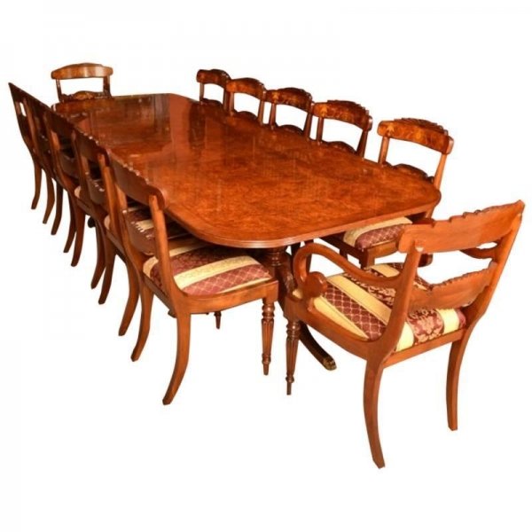 Superb 10 ft Burr Walnut Regency Style Twin Pillar Dining Table & 12 Chairs | Ref. no. 00952ac | Regent Antiques