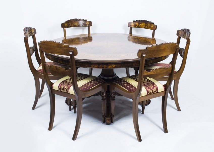Victorian Style Walnut Marquetry Loo Table & 6 Chairs | Ref. no. 01043b | Regent Antiques